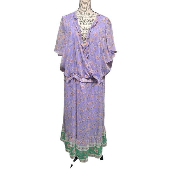 NWT LC LAUREN CONRAD M PURPLE GOLD‎ GREEN FLORAL RUFFLE FAUX WRAP MIDI 3X - Picture 1 of 11